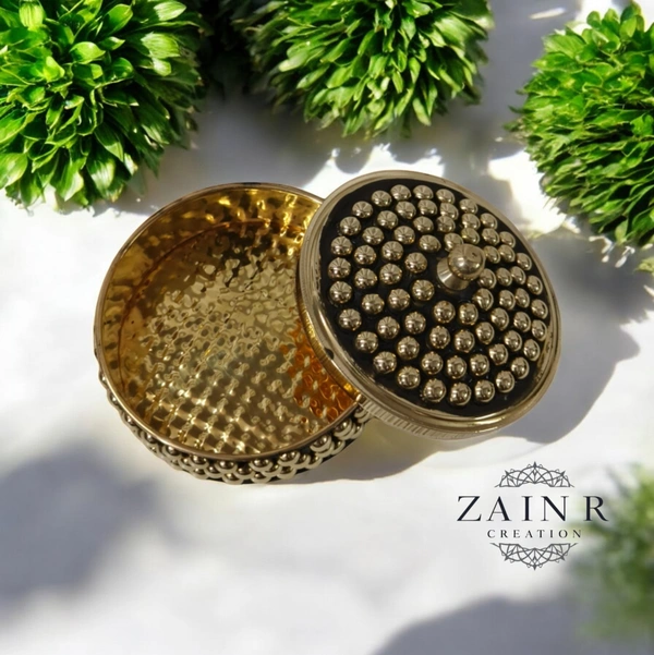 Sold By ZAIN R CREATION A Sindoor or Kumkum pot is a traditional container used to store sacred red powder - L.2.75'' H.1.57'', Polished, Brass