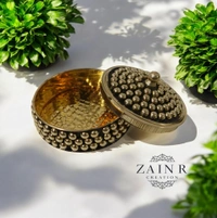 Sold By ZAIN R CREATION A Sindoor or Kumkum pot is a traditional container used to store sacred red powder - L.2.75'' H.1.57'', Polished, Brass