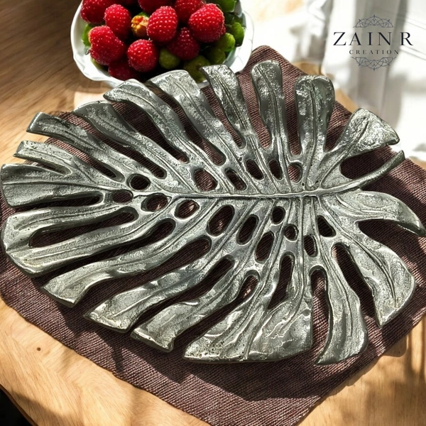 Sold By ZAIN R CREATION Tray Leaf - L.9'' H.1'' B.7'', Nickel, Aluminium