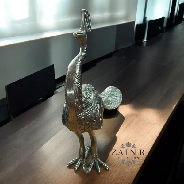 Sold By ZAIN R CREATION Decorative Peacock Sculptures - L.16'' H.15'' W.4'', Nickel, Aluminium