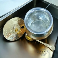 Sold By ZAIN R CREATION Hammered Ghee Pot with Spoon - H.8 cm Dia. 9 cm, Polished, Brass