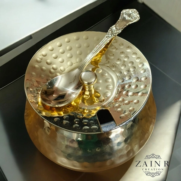 Sold By ZAIN R CREATION Hammered Ghee Pot with Spoon - H.8 cm Dia. 9 cm, Polished, Brass