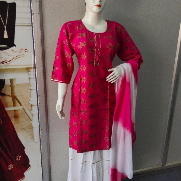 Skrit Kurti With Duptta - free Size,  Mejenta Cream