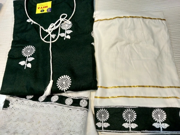 Sharara Set With Duptta - Bottle Green & Cream, Free Size