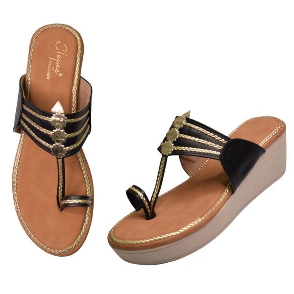 Stepee Casual & Trendy Slip on Open Back One Toe Kohlapuri Style Flatform Wedge Sandal for Women - 39, Black