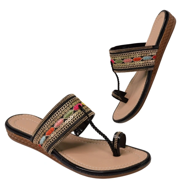 Stepee Casual & Trendy Flats Slip on Open Back One Toe Kohlapuri Flat Slipper for Women - 41, Black