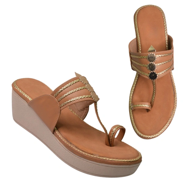 Stepee Casual & Trendy Slip on Open Back One Toe Kohlapuri Style Flatform Wedge Sandal for Women - 41, Tan