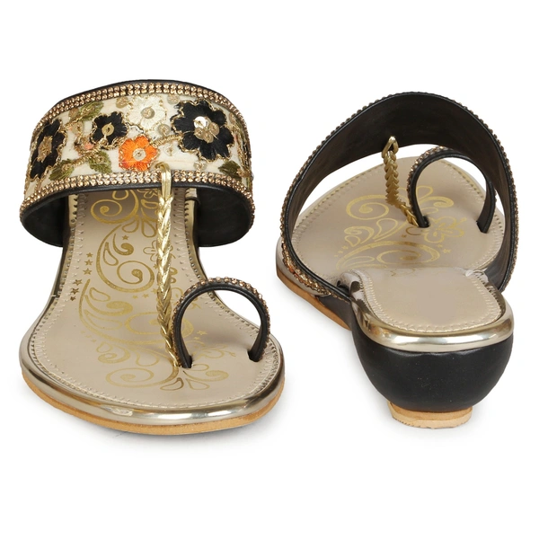 Stepee Floral kohlapuri slipper - 36, Black