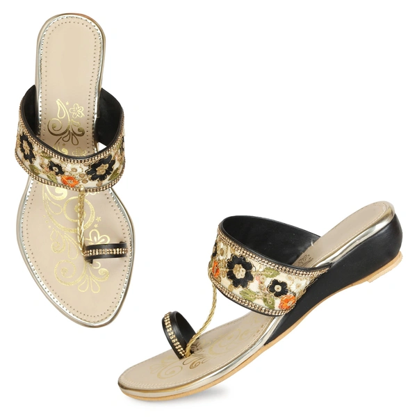 Stepee Floral kohlapuri slipper - 36, Black