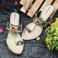 Stepee Floral kohlapuri slipper - 36, Black