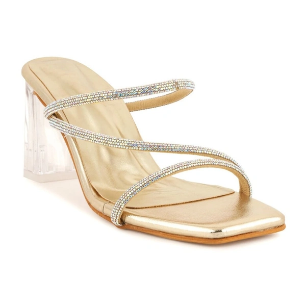Stepee Casual & Stylish Open Toe Slip on Style Open Back Glass Pattern Block Heel Fashion Sandal for Women - 36, Golden