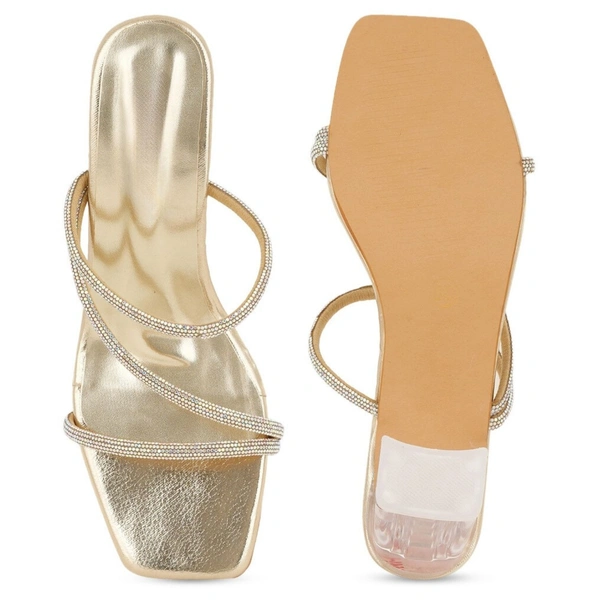 Stepee Casual & Stylish Open Toe Slip on Style Open Back Glass Pattern Block Heel Fashion Sandal for Women - 36, Golden