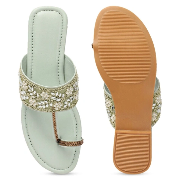 Stepee Casual & Stylish One Toe Slip on Kolhapuri Toe Ring Style Open Back Fashion Slipper Flat Sandal for Women - 36, Green