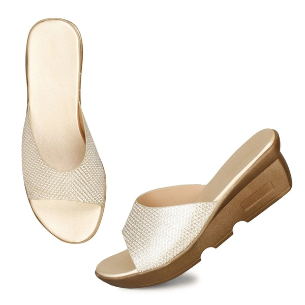 Stepee Trendy Open Back Slip on Open Toe Casual Women's Wedges Sandal - 41, Gold