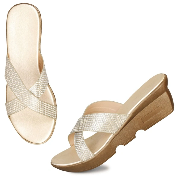 Stepee Trendy Open Back Slip on Open Toe Cross Strap Casual Women's Wedges Sandal - 41, Gold