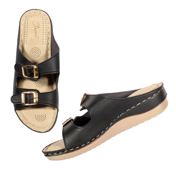 Stepee Black Fancy Orthopedic Doctor Slip on Double strap Platform Slipper Sandal for Women - 37, Black
