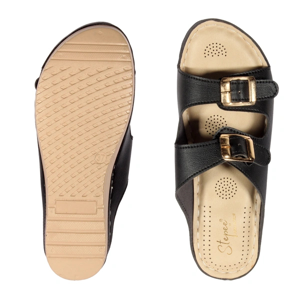 Stepee Black Fancy Orthopedic Doctor Slip on Double strap Platform Slipper Sandal for Women - 37, Black