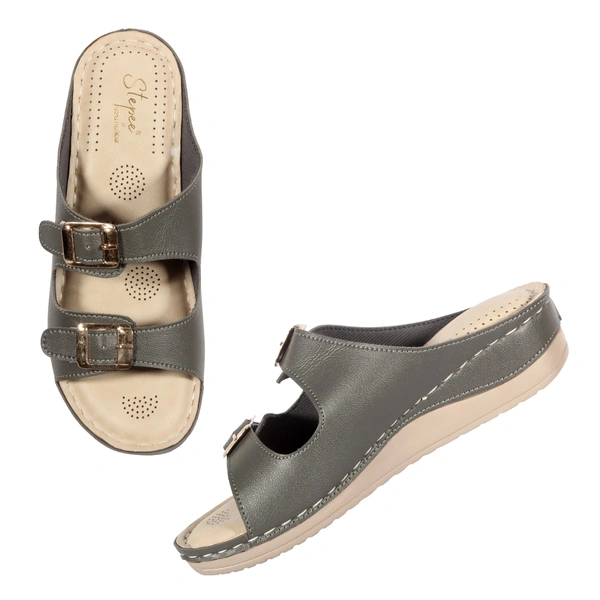 Stepee Black Fancy Orthopedic Doctor Slip on Double strap Platform Slipper Sandal for Women - 40, Olive