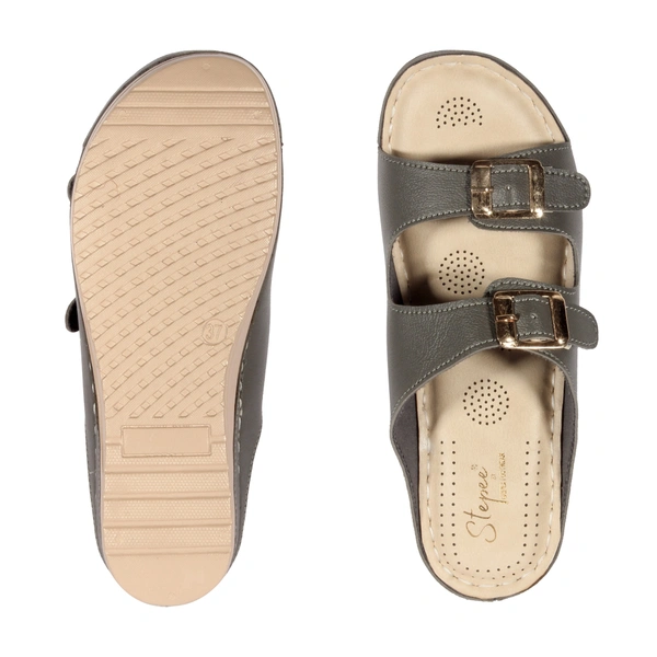 Stepee Black Fancy Orthopedic Doctor Slip on Double strap Platform Slipper Sandal for Women - 40, Olive