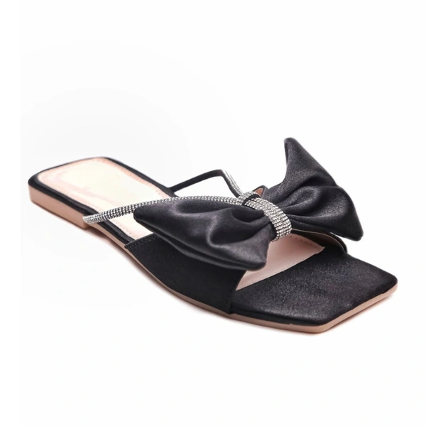 Stepee Trendy Party Wear Flats Stylish Bow on Upper Open Back Slip on Open Toe Flat Slide Sandal for Women - 37, Black
