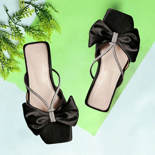 Stepee Trendy Party Wear Flats Stylish Bow on Upper Open Back Slip on Open Toe Flat Slide Sandal for Women - 37, Black