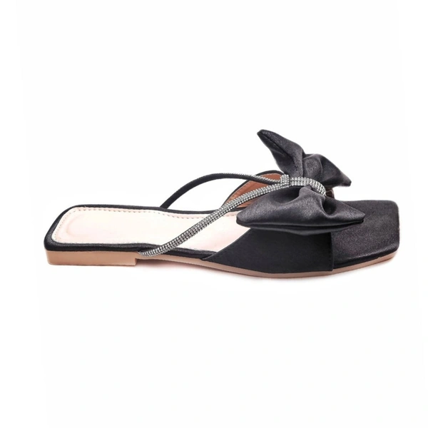Stepee Trendy Party Wear Flats Stylish Bow on Upper Open Back Slip on Open Toe Flat Slide Sandal for Women - 37, Black