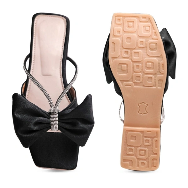 Stepee Trendy Party Wear Flats Stylish Bow on Upper Open Back Slip on Open Toe Flat Slide Sandal for Women - 37, Black