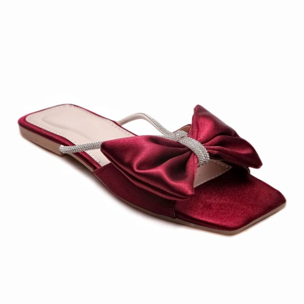 Stepee Trendy Party Wear Flats Stylish Bow on Upper Open Back Slip on Open Toe Flat Slide Sandal for Women - 38, Cherry