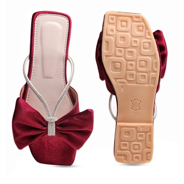 Stepee Trendy Party Wear Flats Stylish Bow on Upper Open Back Slip on Open Toe Flat Slide Sandal for Women - 38, Cherry