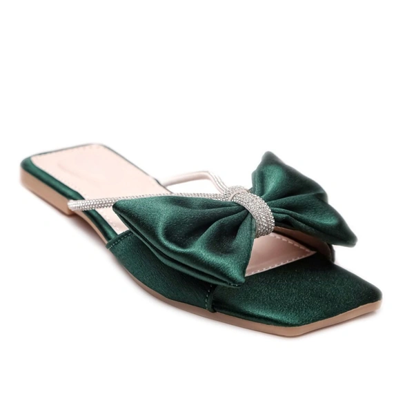 Stepee Trendy Party Wear Flats Stylish Bow on Upper Open Back Slip on Open Toe Flat Slide Sandal for Women - 37, Green