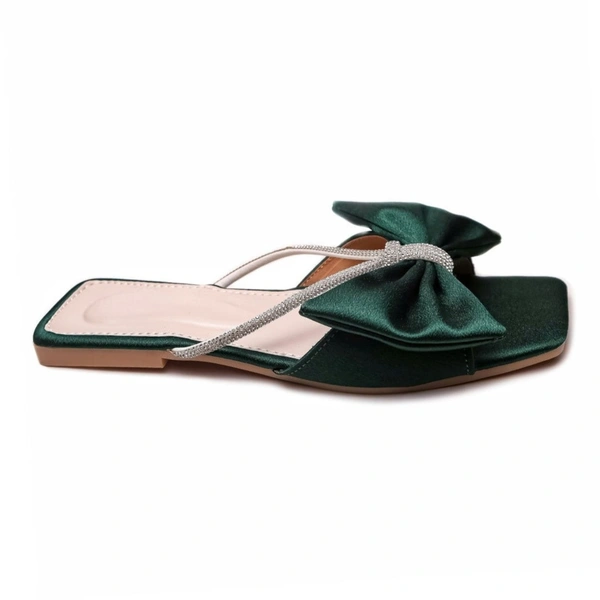 Stepee Trendy Party Wear Flats Stylish Bow on Upper Open Back Slip on Open Toe Flat Slide Sandal for Women - 37, Green