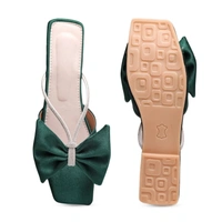 Stepee Trendy Party Wear Flats Stylish Bow on Upper Open Back Slip on Open Toe Flat Slide Sandal for Women - 37, Green