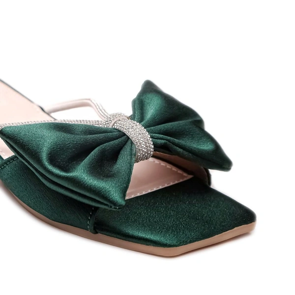 Stepee Trendy Party Wear Flats Stylish Bow on Upper Open Back Slip on Open Toe Flat Slide Sandal for Women - 37, Green