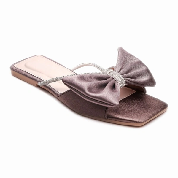 Stepee Trendy Party Wear Flats Stylish Bow on Upper Open Back Slip on Open Toe Flat Slide Sandal for Women - 38, Gray