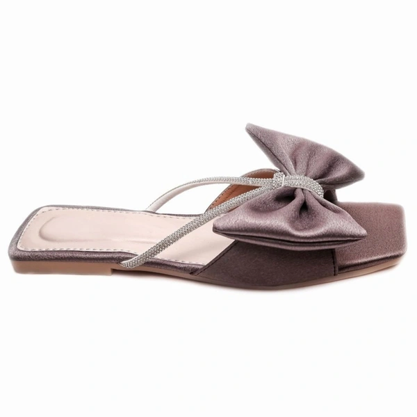 Stepee Trendy Party Wear Flats Stylish Bow on Upper Open Back Slip on Open Toe Flat Slide Sandal for Women - 38, Gray