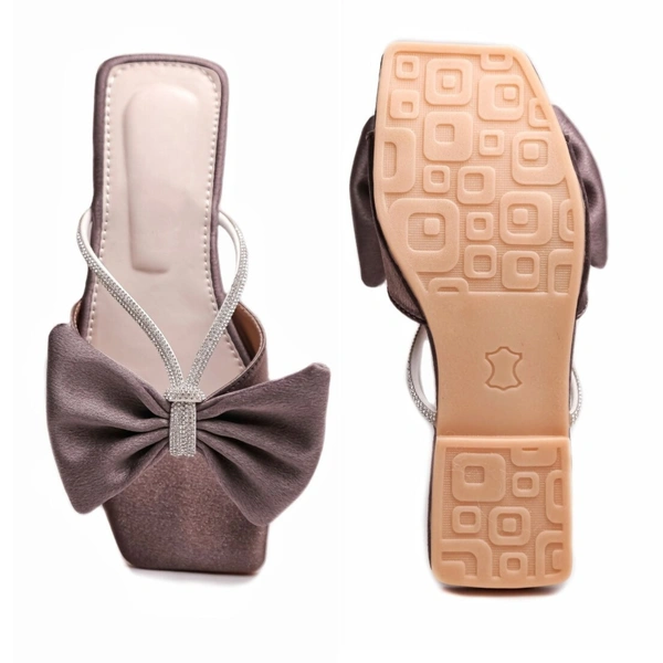 Stepee Trendy Party Wear Flats Stylish Bow on Upper Open Back Slip on Open Toe Flat Slide Sandal for Women - 38, Gray