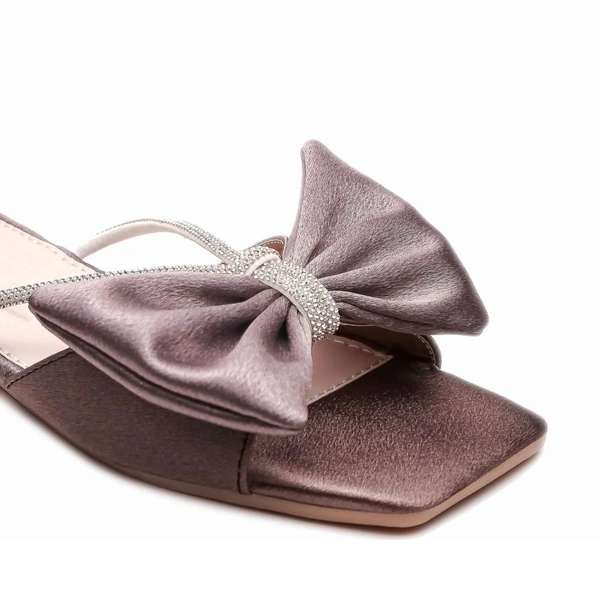 Stepee Trendy Party Wear Flats Stylish Bow on Upper Open Back Slip on Open Toe Flat Slide Sandal for Women - 38, Gray