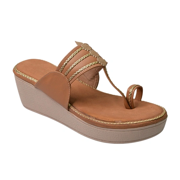 Stepee Casual & Trendy Slip on Open Back One Toe Kohlapuri Style Flatform Wedge Sandal for Women - 41, Tan