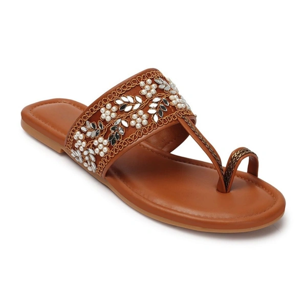 Stepee Casual & Stylish One Toe Slip on Kolhapuri Toe Ring Style Open Back Fashion Slipper Flat Sandal for Women - 40, Tan