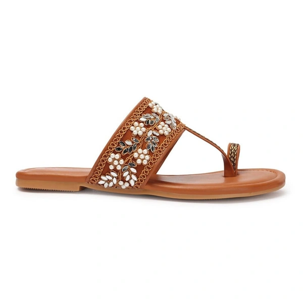 Stepee Casual & Stylish One Toe Slip on Kolhapuri Toe Ring Style Open Back Fashion Slipper Flat Sandal for Women - 40, Tan