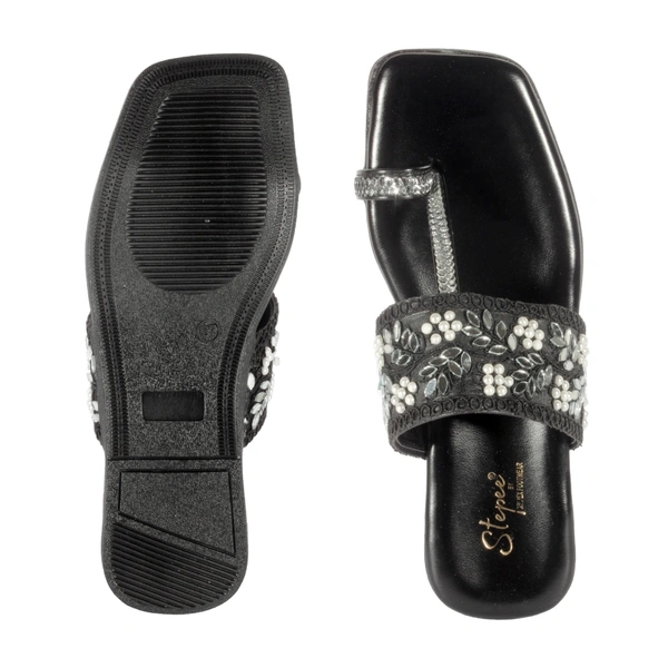 Stepee Casual & Stylish Toe Ring Kolhapuri Slipper Flat Sandal for Women - 40, Black