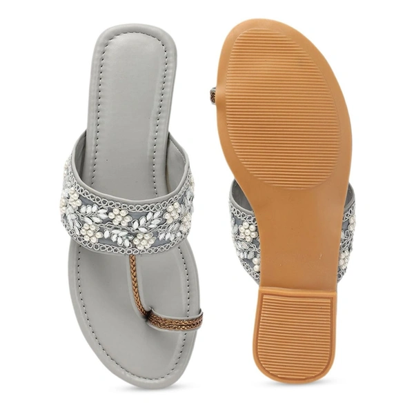 Stepee Casual & Stylish One Toe Slip on Kolhapuri Toe Ring Style Open Back Fashion Slipper Flat Sandal for Women - 40, Gray