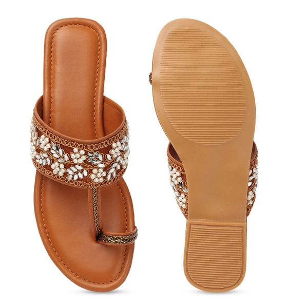 Stepee Casual & Stylish One Toe Slip on Kolhapuri Toe Ring Style Open Back Fashion Slipper Flat Sandal for Women - 40, Tan