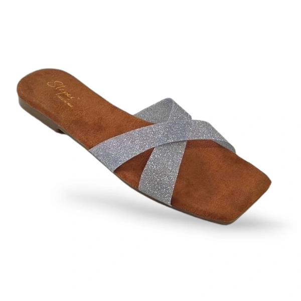Stepee Casual Flats Open Back Slip on Open Toe Cross Strap Sliders Flat Sandal for Women - 37, Silver