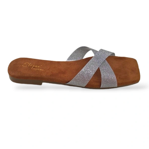 Stepee Casual Flats Open Back Slip on Open Toe Cross Strap Sliders Flat Sandal for Women - 37, Silver