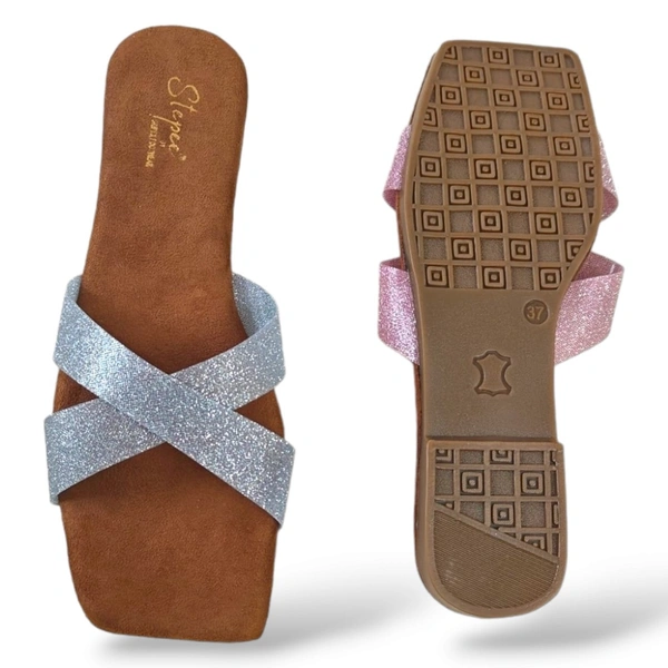 Stepee Casual Flats Open Back Slip on Open Toe Cross Strap Sliders Flat Sandal for Women - 37, Silver