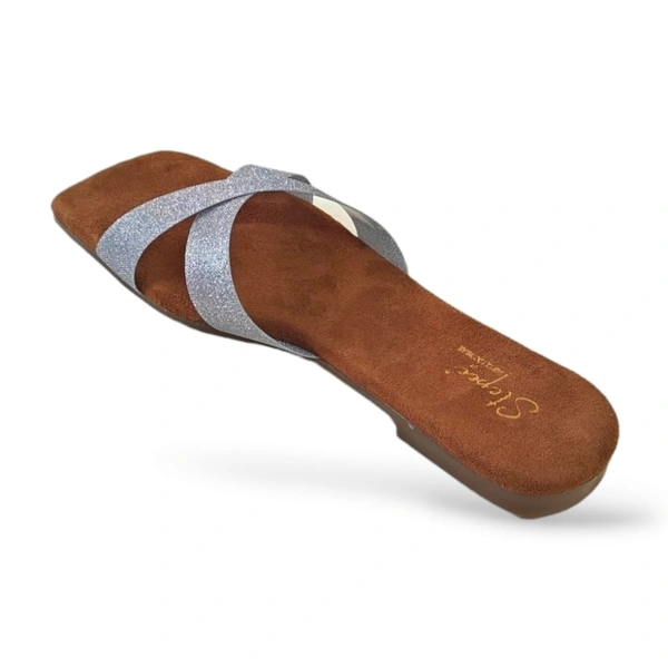 Stepee Casual Flats Open Back Slip on Open Toe Cross Strap Sliders Flat Sandal for Women - 37, Silver