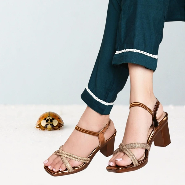 Stepee Casual & Fancy Embellished Party Wear Open Toe Block Heel Sandal with Slingback Ankle Strap for women - 38, Copper