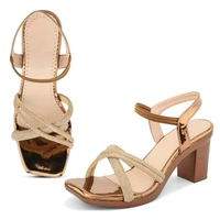 Stepee Casual & Fancy Embellished Party Wear Open Toe Block Heel Sandal with Slingback Ankle Strap for women - 38, Copper