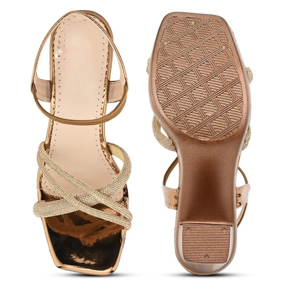 Stepee Casual & Fancy Embellished Party Wear Open Toe Block Heel Sandal with Slingback Ankle Strap for women - 38, Copper